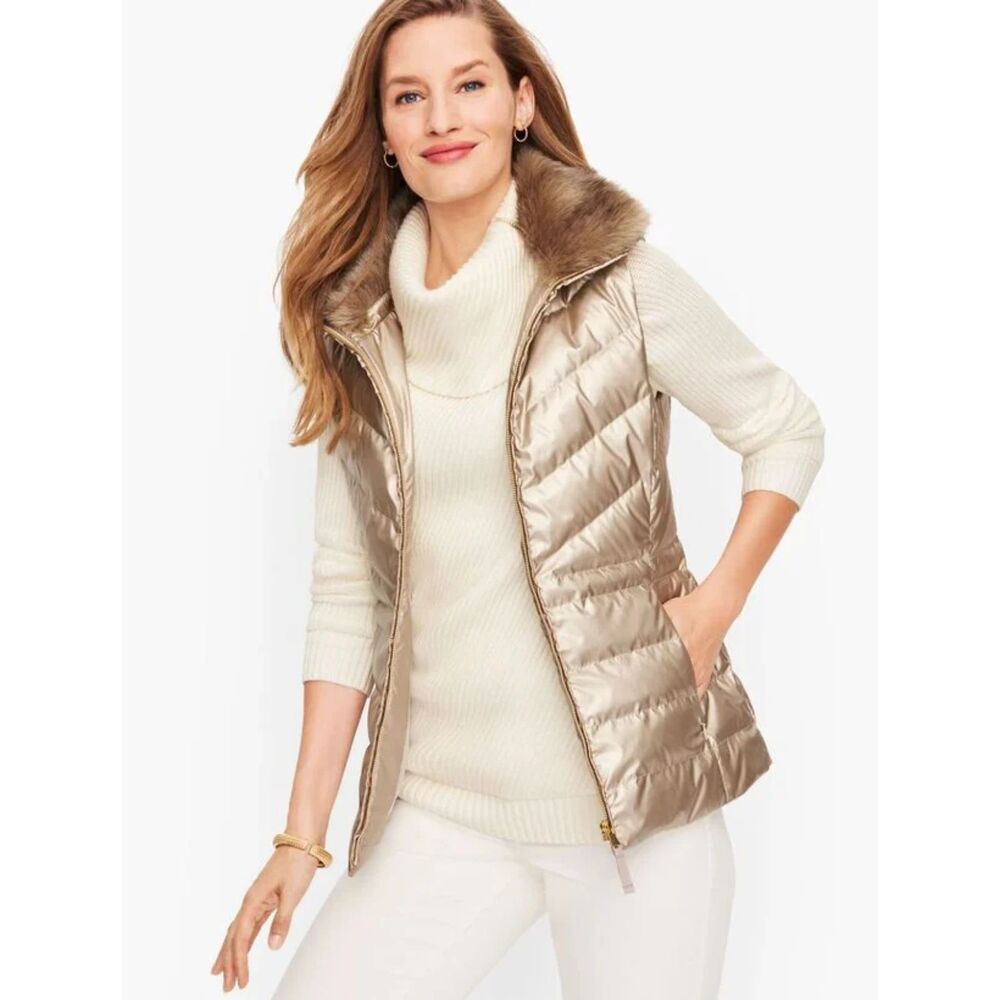 Talbots Bronze Puffer Down Vest Faux Fur Collar Med Women Warm Layer Metallic